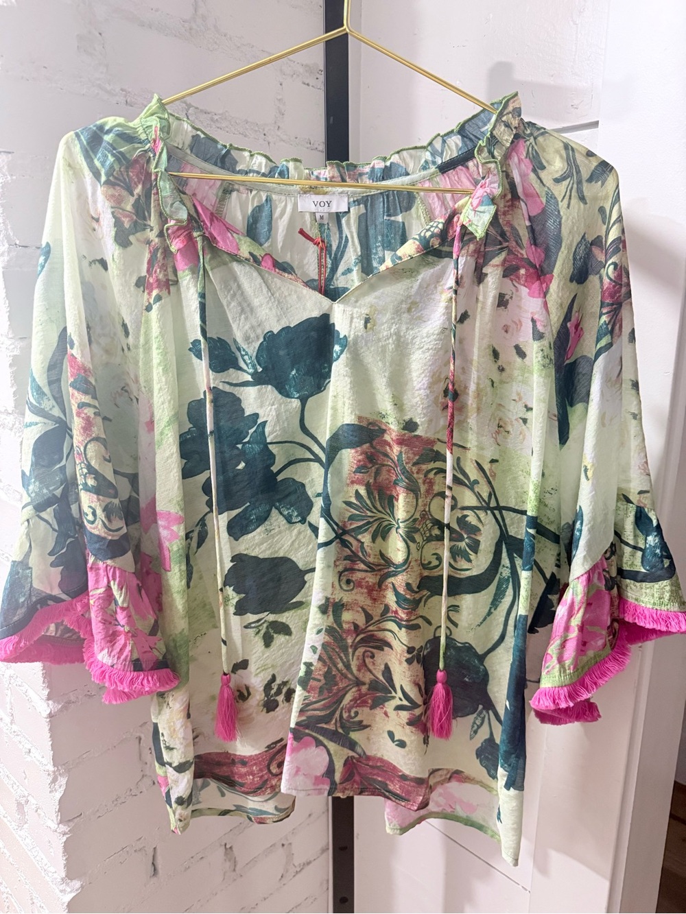 NWT VOY Floral Tie-Neck Boho Blouse in Light Green and Pink